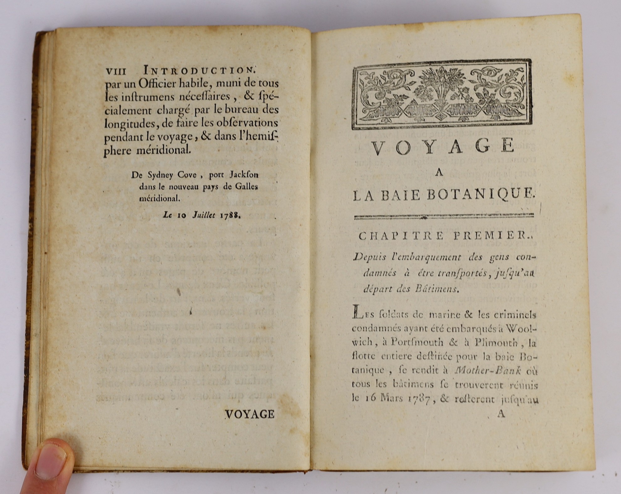 Tench, Watkin - Voyage a la Baie Botanique; avec une description du nouveau Pays de Galles Meridional ... quelques details relatifs a M.de la Peyrouse ... half title, old half calf and marbled boards, Paris, 1789